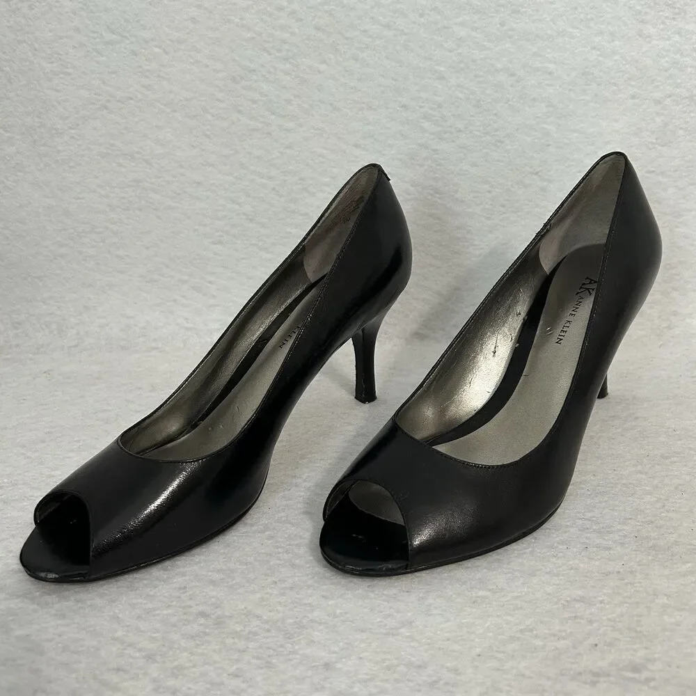 Anne Klein Heels Women 7.5M Black Masirarabc Peep Toe Office Elegant Vintage